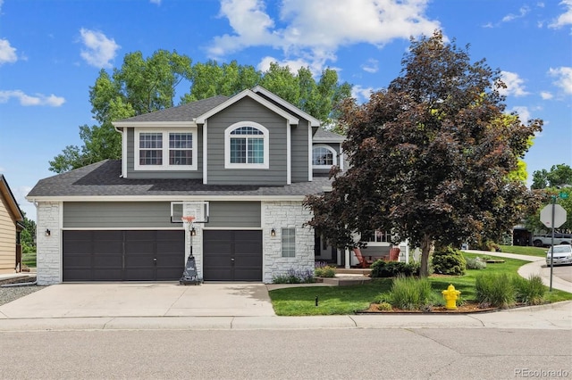 9478 Burgundy Cir, Highlands Ranch, CO 80126 - view of front facade featuring concrete driveway, a shingled roof, a garage, and stone siding