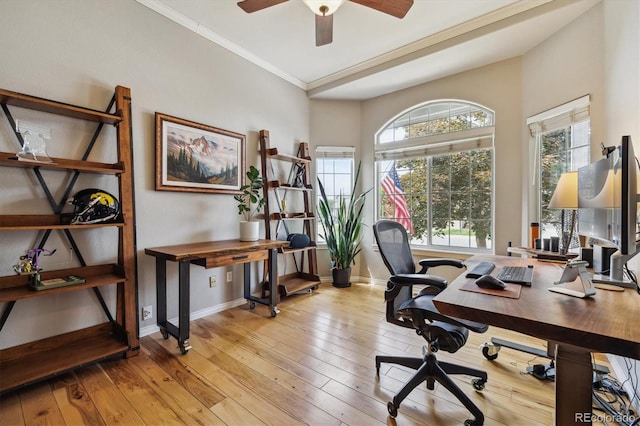 9478 Burgundy Cir, Highlands Ranch, CO 80126 - office with healthy amount of natural light, crown molding, a ceiling fan, and light wood-style flooring