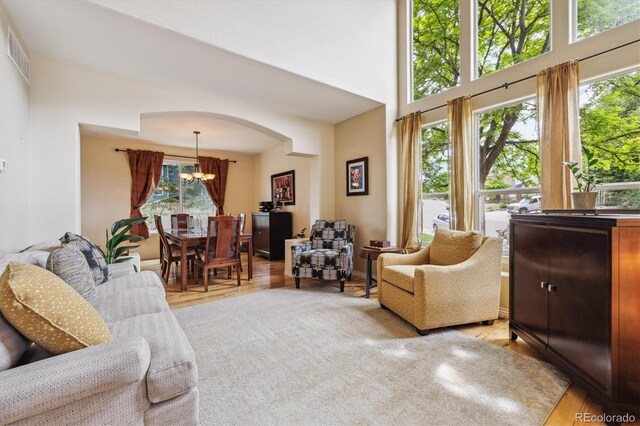 9478 Burgundy Cir, Highlands Ranch, CO 80126 - living room featuring a chandelier, light wood finished floors, a high ceiling, and arched walkways