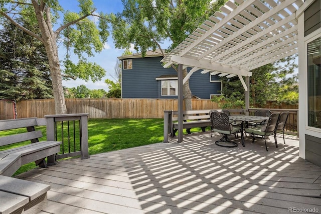 9478 Burgundy Cir, Highlands Ranch, CO 80126 - deck with a pergola, a fenced backyard, and outdoor dining space