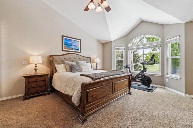9478 Burgundy Cir, Highlands Ranch, CO 80126 - bedroom featuring light colored carpet, lofted ceiling, and a ceiling fan