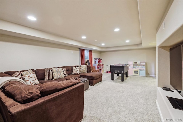 9478 Burgundy Cir, Highlands Ranch, CO 80126 - living room featuring recessed lighting, carpet floors, and a tray ceiling