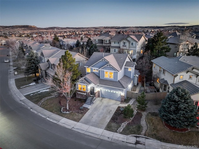 view of aerial view at dusk