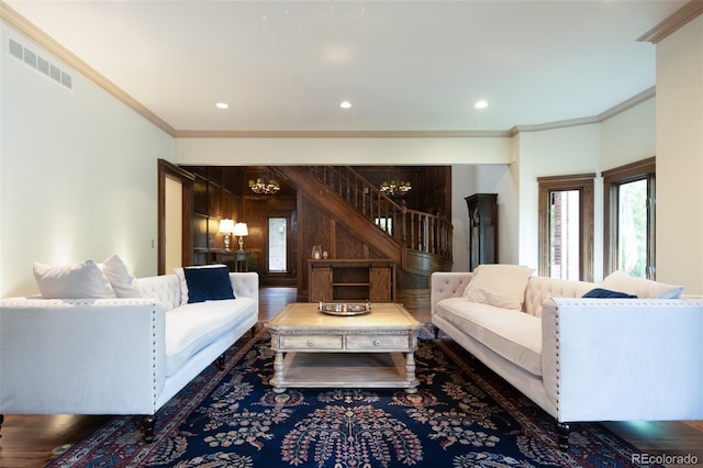 2409 E Cedar Ave, Denver, CO 80209 - living room with a chandelier, stairway, crown molding, recessed lighting, and wood finished floors