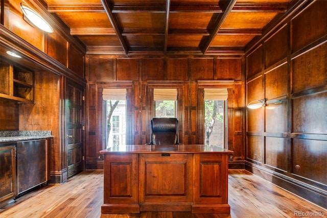 2409 E Cedar Ave, Denver, CO 80209 - office with a wood ceiling with exposed beams, wooden walls, wood finished floors, healthy amount of natural light, and ornamental molding