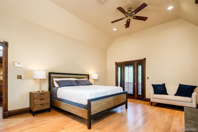 2409 E Cedar Ave, Denver, CO 80209 - bedroom with lofted ceiling, access to exterior, light wood-style floors, recessed lighting, and a ceiling fan