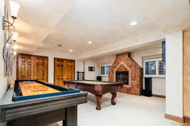 2409 E Cedar Ave, Denver, CO 80209 - recreation room featuring billiards table, carpet flooring, a tiled fireplace, and recessed lighting