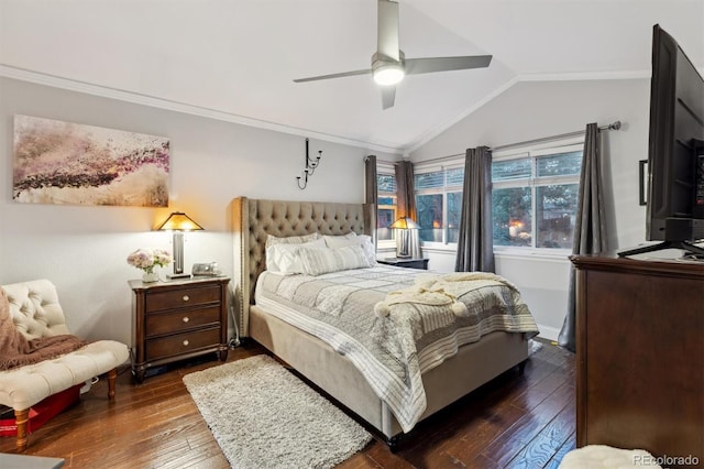 bedroom with lofted ceiling, dark hardwood / wood-style flooring, ornamental molding, and ceiling fan