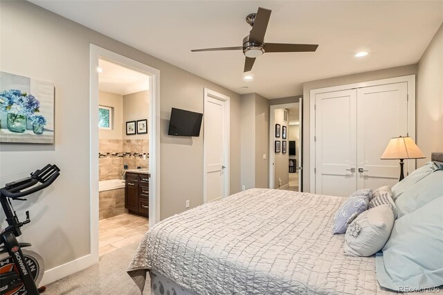 1916 S Elati St, Denver, CO 80223 - bedroom featuring recessed lighting, light carpet, a closet, ensuite bath, and a ceiling fan
