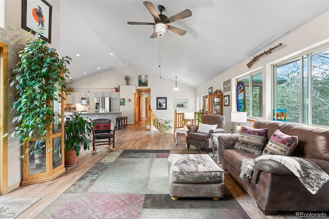 2230 County Road 72, Bailey, CO 80421 - living area featuring ceiling fan, light wood-style floors, high vaulted ceiling, and recessed lighting