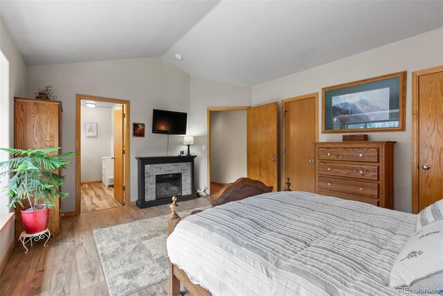 2230 County Road 72, Bailey, CO 80421 - bedroom featuring light wood-type flooring, lofted ceiling, and a fireplace