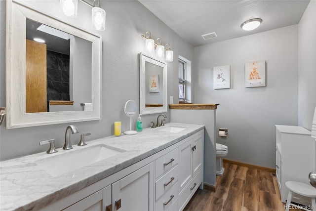 2230 County Road 72, Bailey, CO 80421 - full bathroom featuring toilet, wood finished floors, double vanity, and baseboards