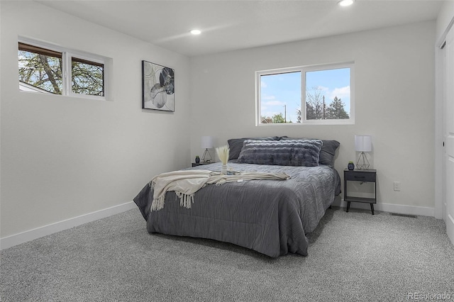 bedroom featuring carpet flooring, recessed lighting, and baseboards