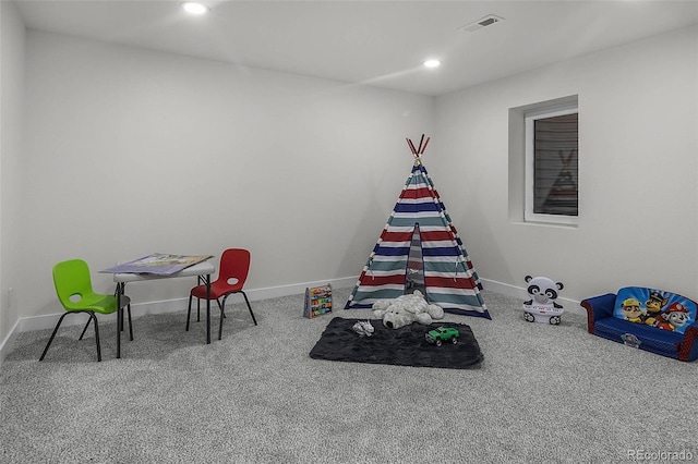 playroom with baseboards, carpet, and recessed lighting