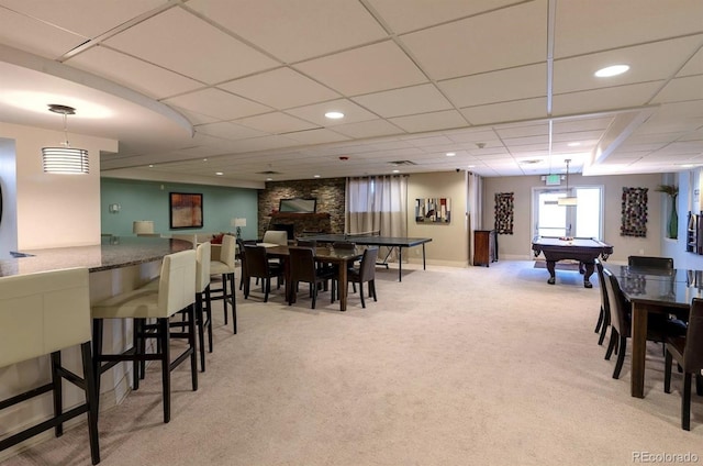 2 Adams St Unit 1507, Denver, CO 80206 - dining space featuring light carpet, billiards, a drop ceiling, baseboards, and recessed lighting