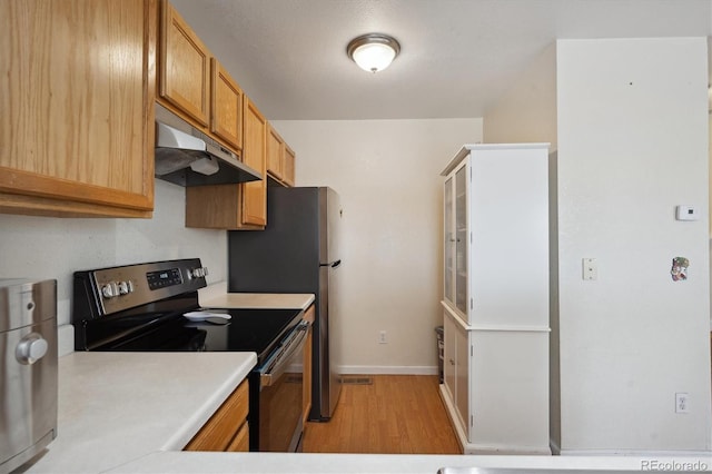 kitchen with light wood-type flooring and stainless steel electric stove