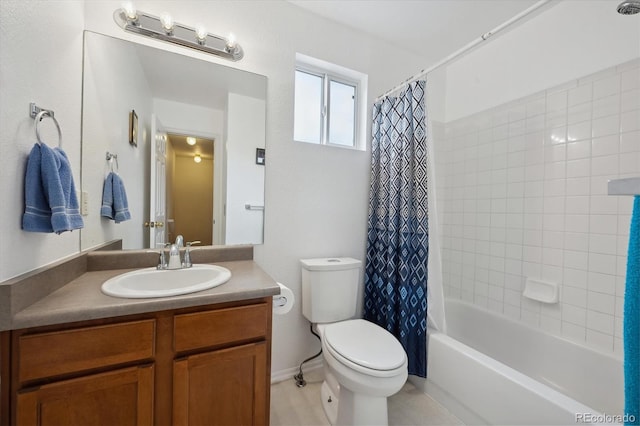 full bathroom with toilet, shower / bath combination with curtain, and vanity