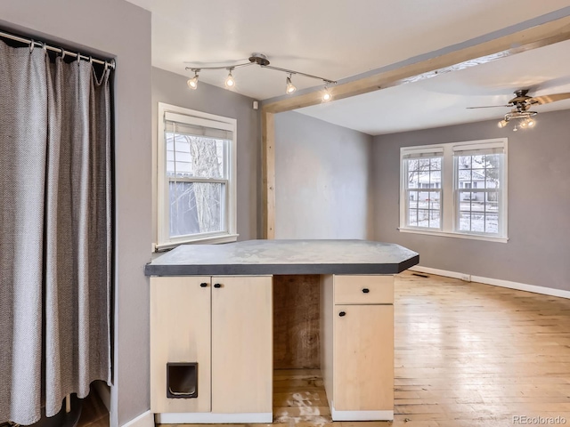 kitchen with ceiling fan and light wood-type flooring