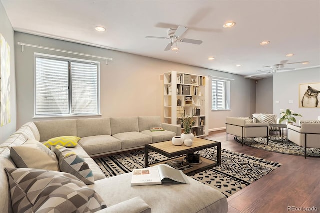 8750 Redwing Ave, Littleton, CO 80126 - living area with a ceiling fan, recessed lighting, wood finished floors, and baseboards