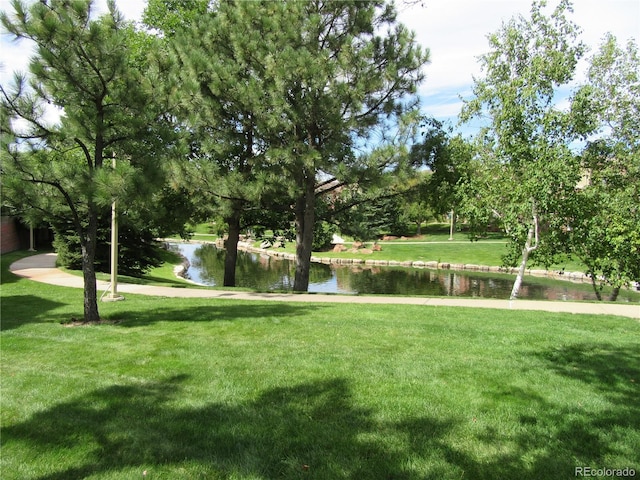 surrounding community featuring a lawn and a water view