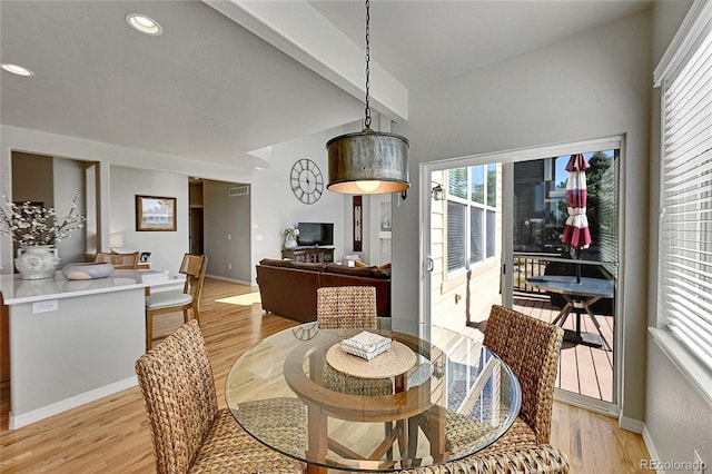 dining room with visible vents, recessed lighting, light wood-style flooring, and baseboards