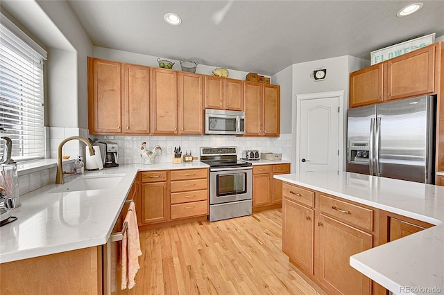 kitchen featuring backsplash, stainless steel appliances, a sink, and light wood finished floors