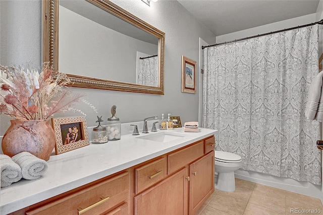bathroom with toilet, shower / bath combo, tile patterned flooring, and vanity