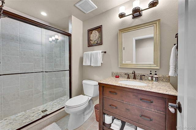 full bathroom with toilet, visible vents, tile patterned flooring, and a stall shower