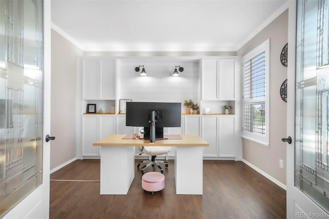 9005 Royal Melbourne Cir, Peyton, CO 80831 - office with ornamental molding, dark wood finished floors, and french doors