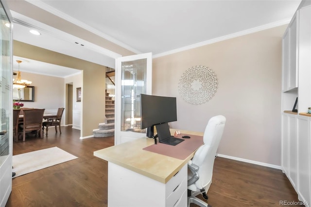 9005 Royal Melbourne Cir, Peyton, CO 80831 - office featuring a chandelier, crown molding, dark wood-type flooring, and recessed lighting