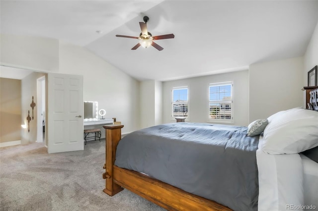 9005 Royal Melbourne Cir, Peyton, CO 80831 - bedroom with light colored carpet, lofted ceiling, and ceiling fan