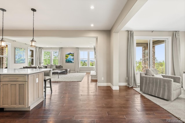 237 Maplehurst Dr, Highlands Ranch, CO 80126 - kitchen featuring open floor plan, dark wood-type flooring, baseboards, light countertops, and a kitchen breakfast bar