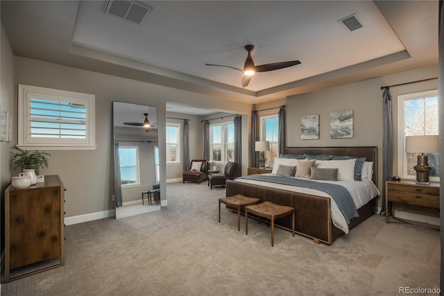 237 Maplehurst Dr, Highlands Ranch, CO 80126 - bedroom featuring a raised ceiling, light colored carpet, and multiple windows