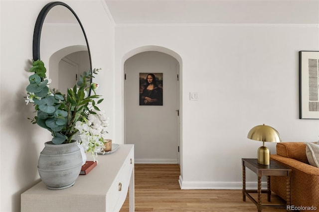 1410 Vine St Unit 3, Denver, CO 80206 - hallway with light wood-type flooring, crown molding, baseboards, and arched walkways