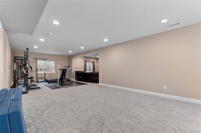workout area with carpet, recessed lighting, and baseboards