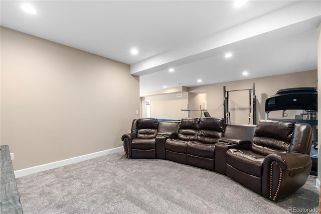 carpeted home theater room featuring recessed lighting and baseboards