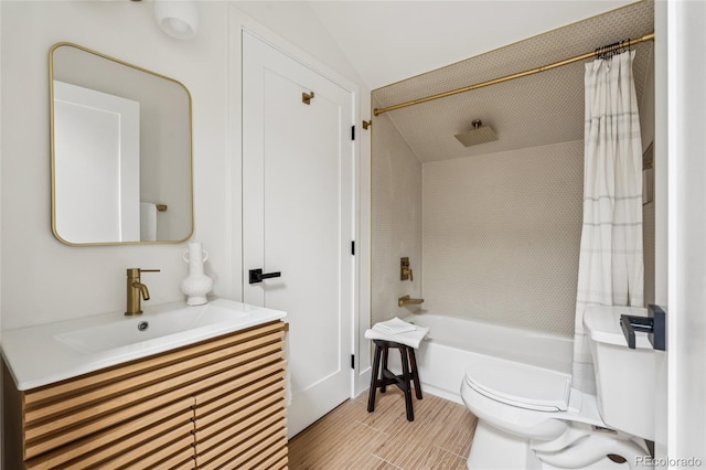 3363 W 32nd Ave, Denver, CO 80211 - bathroom featuring vanity, shower / bathtub combination with curtain, and lofted ceiling