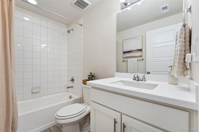 full bathroom with toilet, visible vents, shower / bathtub combination with curtain, and vanity