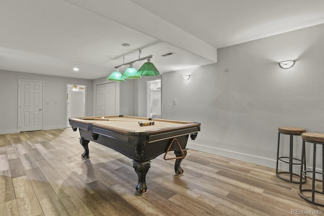 rec room featuring pool table and light hardwood / wood-style flooring