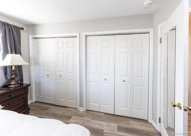 bedroom featuring two closets and wood finished floors