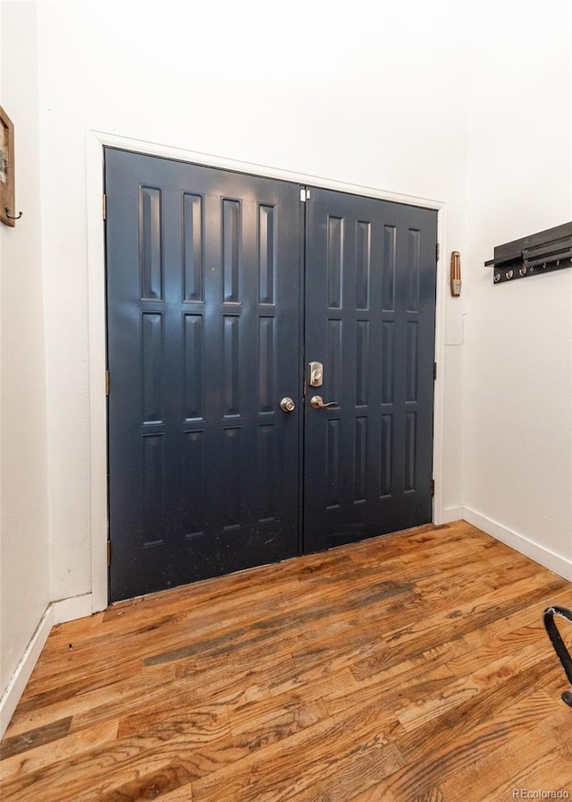 foyer entrance with baseboards and wood finished floors