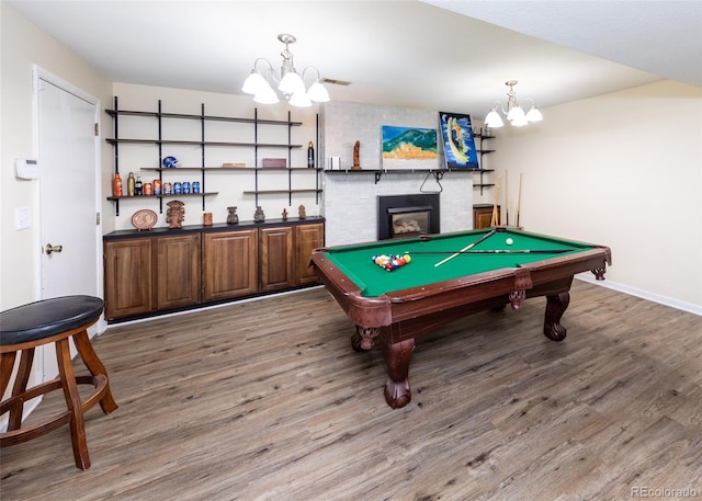 game room with baseboards, billiards, a notable chandelier, and wood finished floors