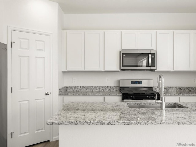 4694 Sugarcane St, Johnstown, CO 80534 - kitchen with appliances with stainless steel finishes, white cabinets, light stone counters, and dark wood-style flooring