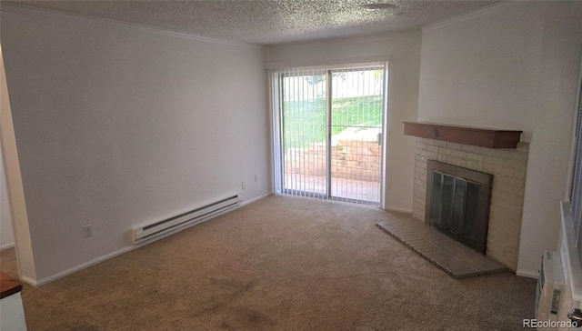 unfurnished living room with a textured ceiling, crown molding, carpet floors, and baseboard heating