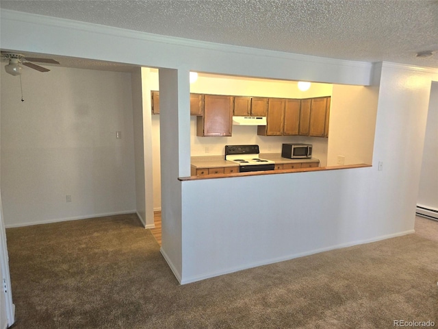 kitchen with carpet floors, white range with electric cooktop, and a textured ceiling