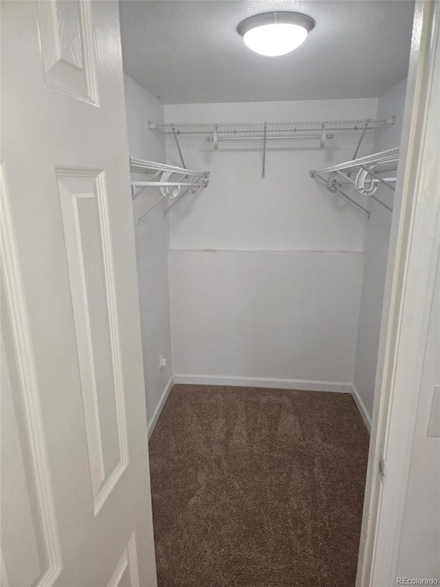 walk in closet featuring dark carpet