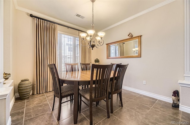 dining area featuring a notable chandelier, visible vents, baseboards, and crown molding