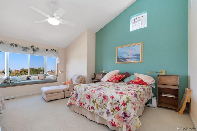 3337 W 113th Ave, Westminster, CO 80031 - bedroom featuring carpet flooring, high vaulted ceiling, baseboards, and a ceiling fan