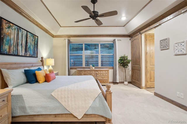 carpeted bedroom with ceiling fan and crown molding