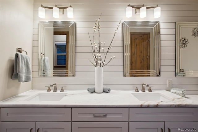 bathroom with wooden walls and vanity